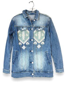 Embroidered Western Denim Jacket Distressed Tribal Southwestern Blue Small